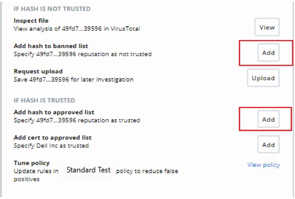 Adding the file to the banned list or approved list