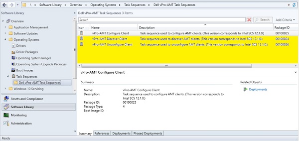 The list of vPro-AMT task sequences in the main content window.