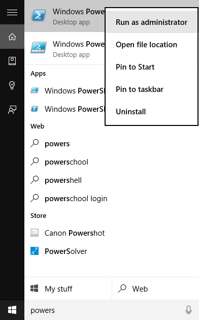 Barra di ricerca di Windows, ricerca in PowerShell