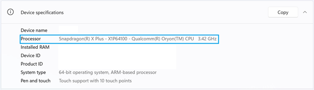 Exempel på Qualcomm-processor i Windows