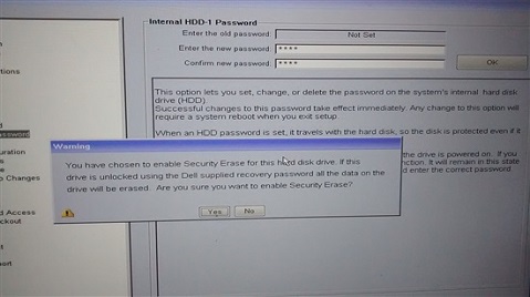 「Security Erase」を有効にするメッセージ