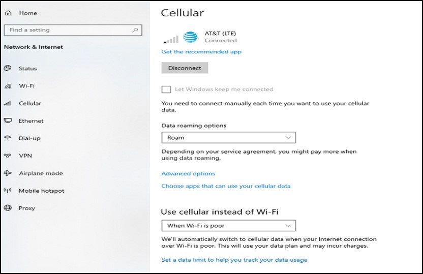 Windows Cellular Advanced Options