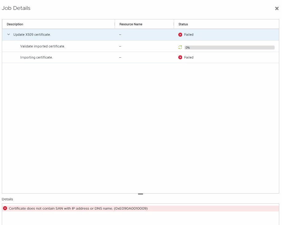 PowerStore 웹 UI 오류: 인증서에 IP 주소 또는 DNS 이름(0xE090A0010009)이 있는 SAN이 포함되어 있지 않습니다.