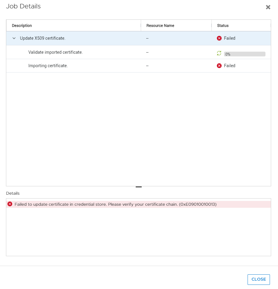 PowerStore Web UI 中的错误：未能更新凭据存储中的证书。请验证您的证书链 （0xE09010010013）。
