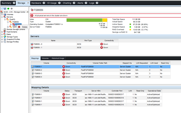 Image shows DSM and the area where the FluidFS object is to be removed.