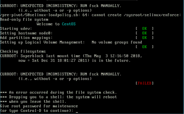 Image showing FSCK error when a FluidFS controller attempts to boot