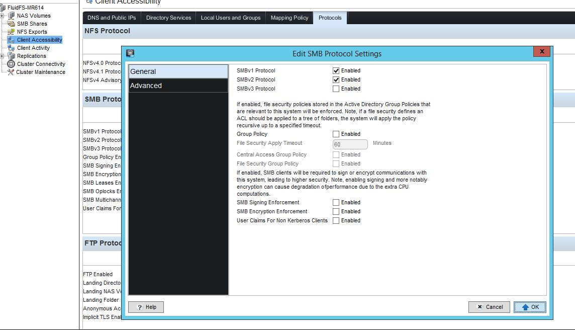 Dell Storage Manager SMB 프로토콜 화면