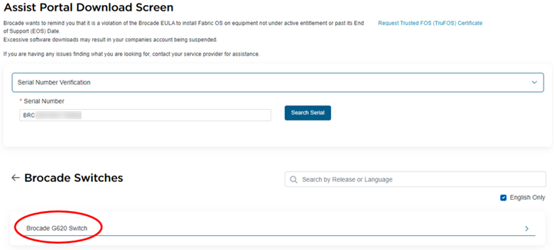 Screenshot of the Broadcom Assist Portal Download Screen for specific switch