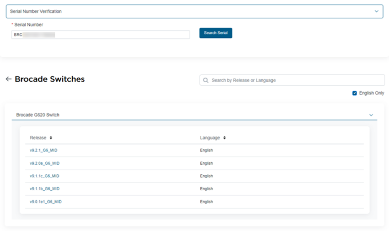 Screenshot des Downloadbildschirms des Broadcom Assist-Portals mit verfügbaren FOS-Dateien