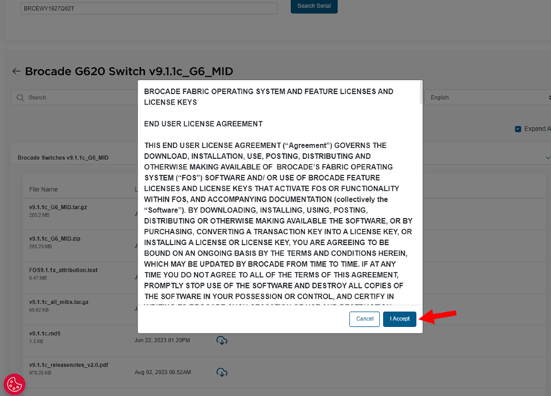 Screenshot einer Endnutzer-Lizenzvereinbarung (EULA) für Brocade