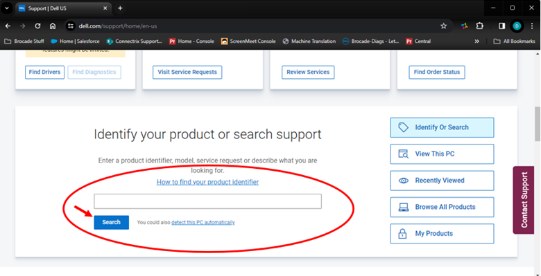 Screenshot der Produktsuche auf der Dell Supportseite