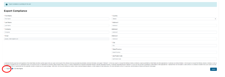 Screenshot der Export-Compliance-Registrierung