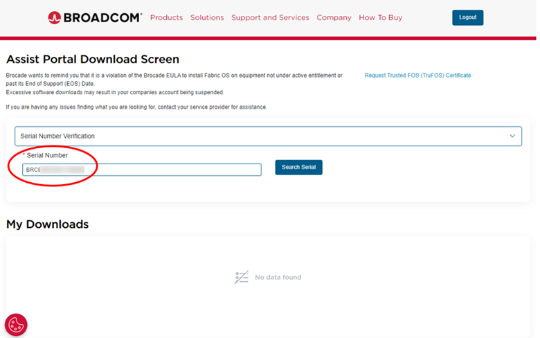 Screenshot des Downloadbildschirms des Broadcom Assist-Portals