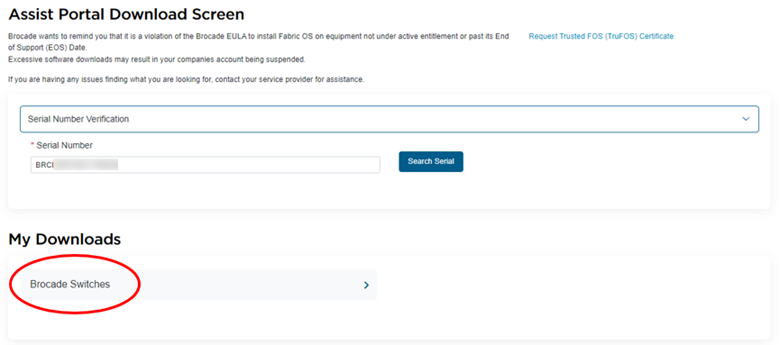 Screenshot des Downloadbildschirms des Broadcom Assist-Portals für Brocade-Switches