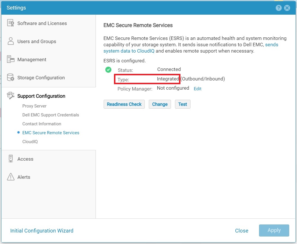 Captura de tela da página de configuração de suporte do EMC Secure Remote Services