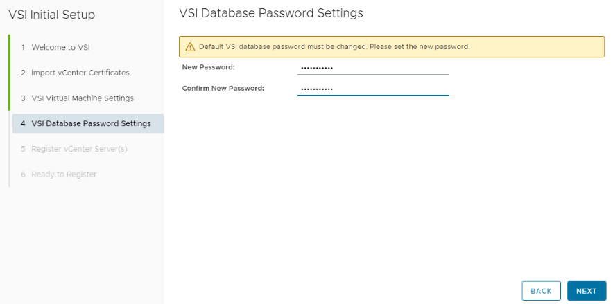 Schermata della password del database VSI
