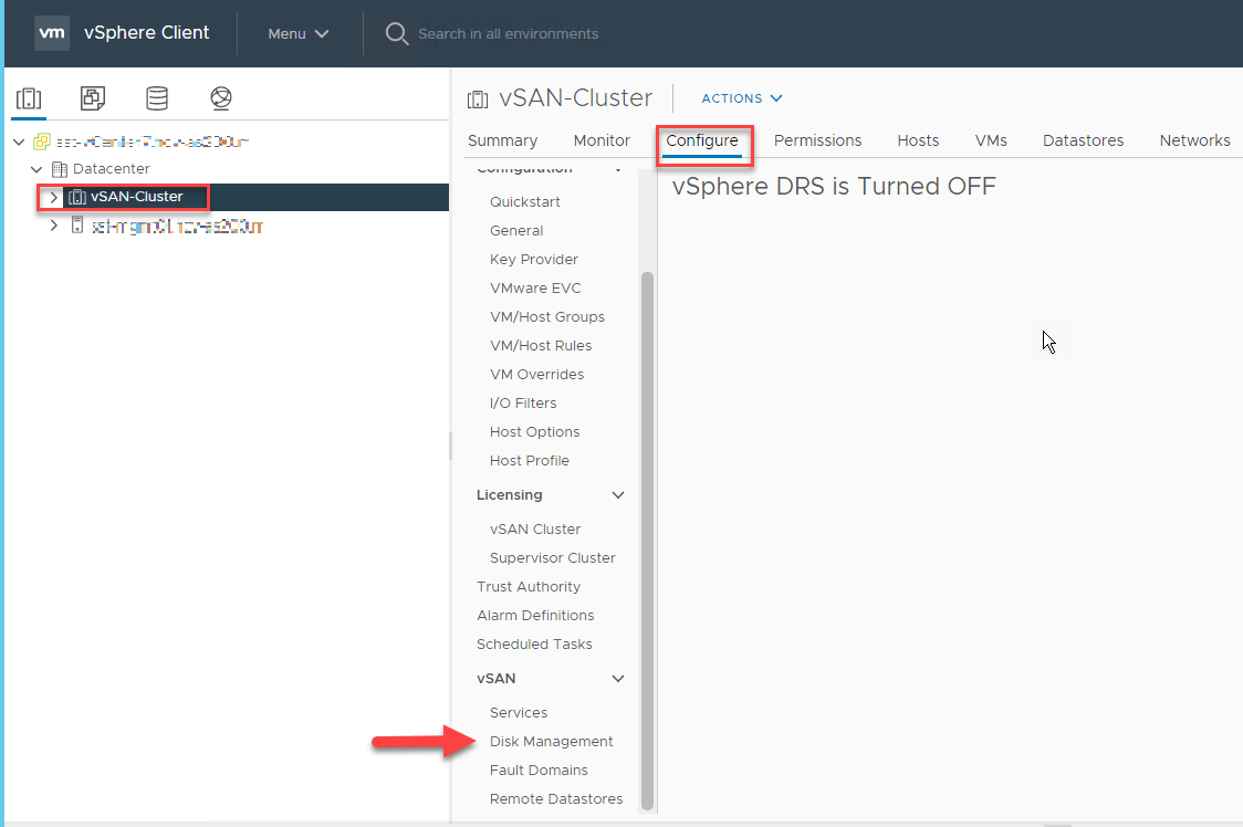 Klusterimääritys-osan VSAN-osion Disk Management -vaihtoehto