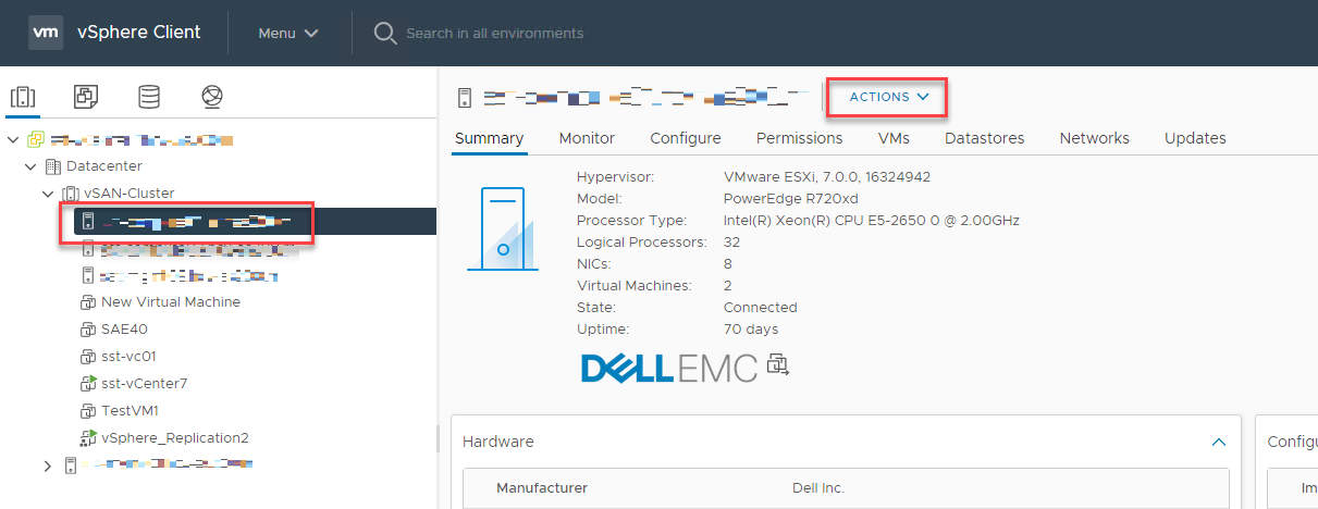 Liste d’inventaire vCenter affichant le cluster vSAN et le bouton d’action