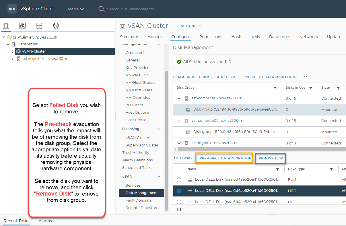 Sélection des disques de gestion des disques du cluster vSAN