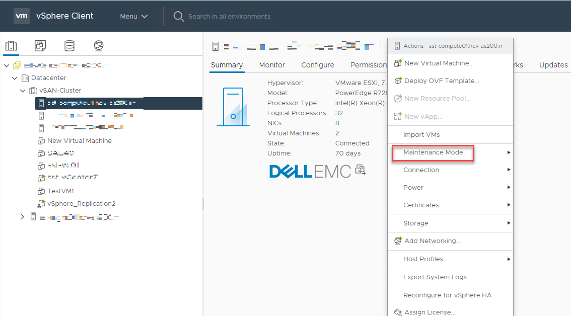 Menu vCenter Host Action com o modo de manutenção selecionado