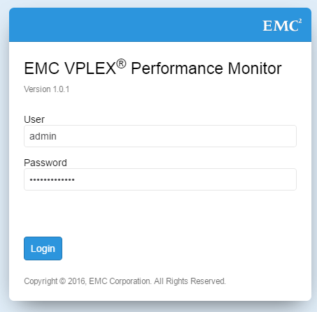 Ventana de inicio de sesión de Vplex Performance Monitor