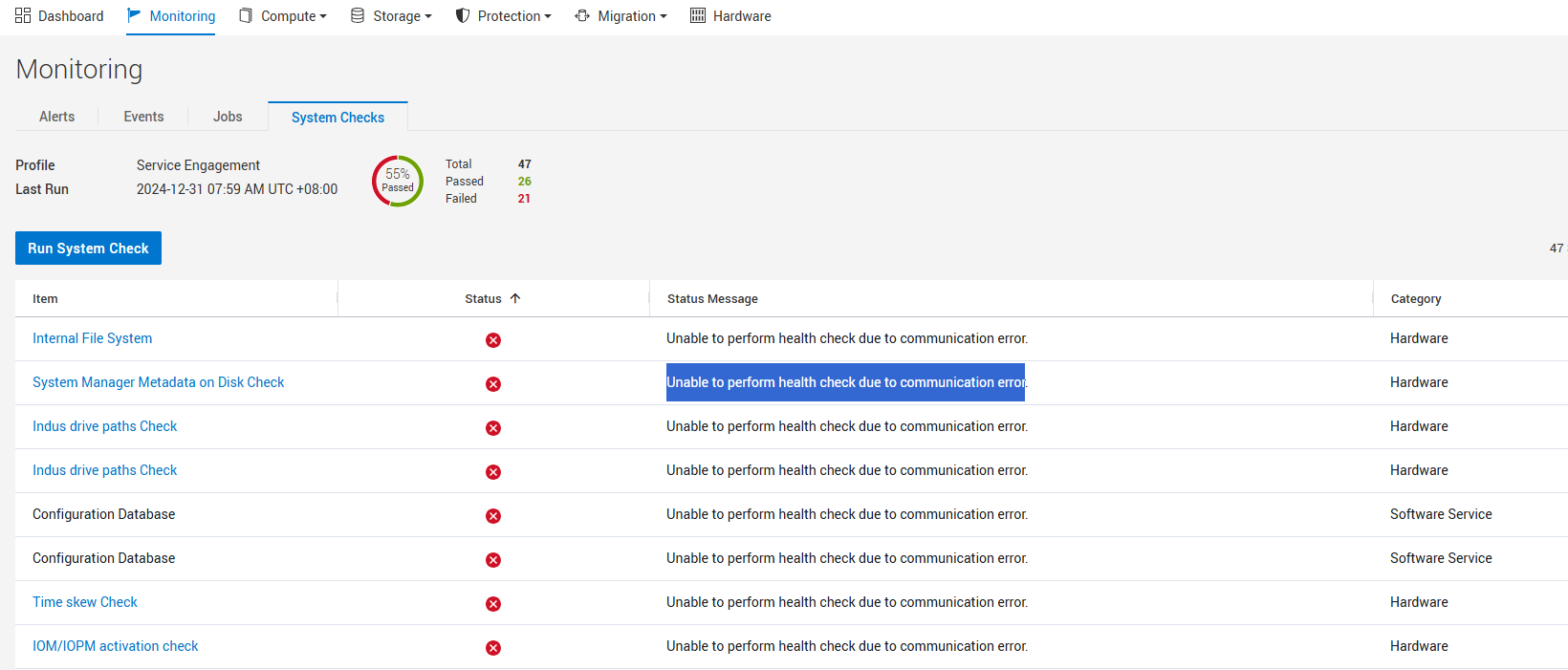 Screenshot der SHC-Kommunikationsfehler