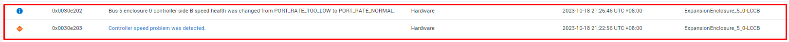 screen shot of powerstore enclosure speed alerts 0x0030e202 and 0x0030e203