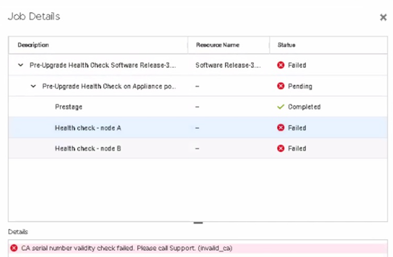 screen shot of PowerStore PUHC error for CA serial number validity check failed