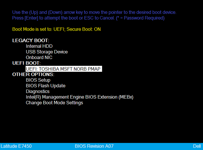 Opstarten via UEFI geselecteerd