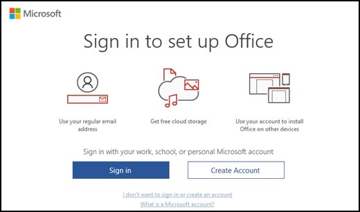 Login da Microsoft para configurar o Office