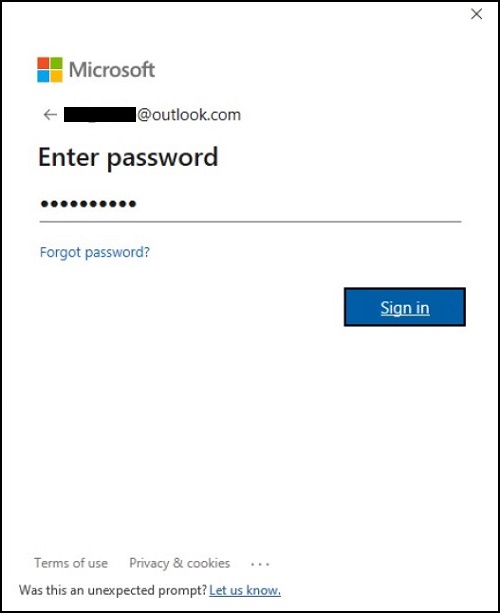 Microsoft : Saisie du mot de passe