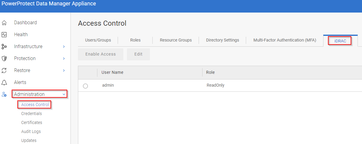 DM5500 management interface showing Navigation to Administration > Access Control > iDRAC (TAB)