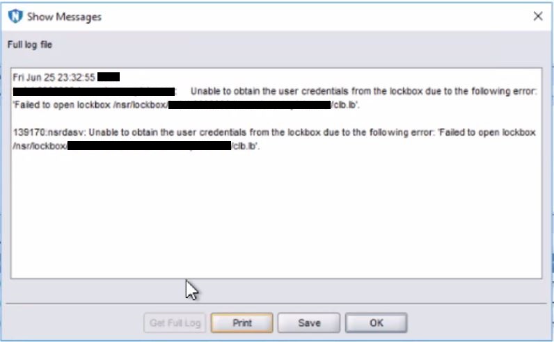 Screenshot of error message