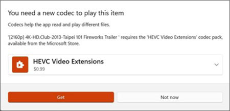 Meddelandefönster för Microsoft Store HEVC