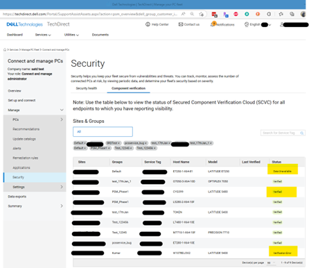 Component verification with a list of service tags you can click on to learn about their verification
