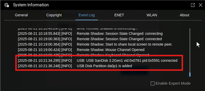 Información de USB en el registro de eventos