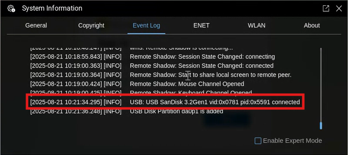 VID y PID del USB en el registro de eventos