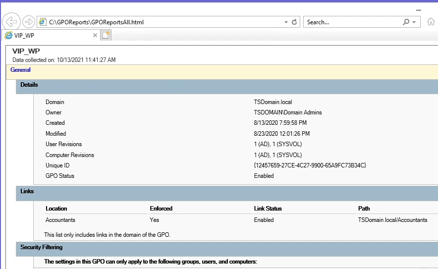 File when opened will come up as a browser page with extensive detail about all Domain GPOs found