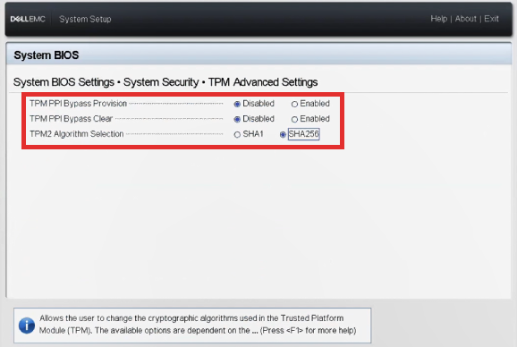 Screenshot showing BIOS tpm advanced settings.