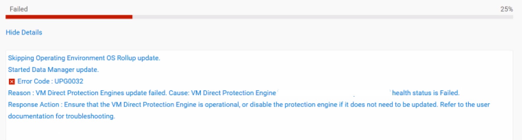 錯誤代碼為 UPG0032 的升級錯誤訊息範例