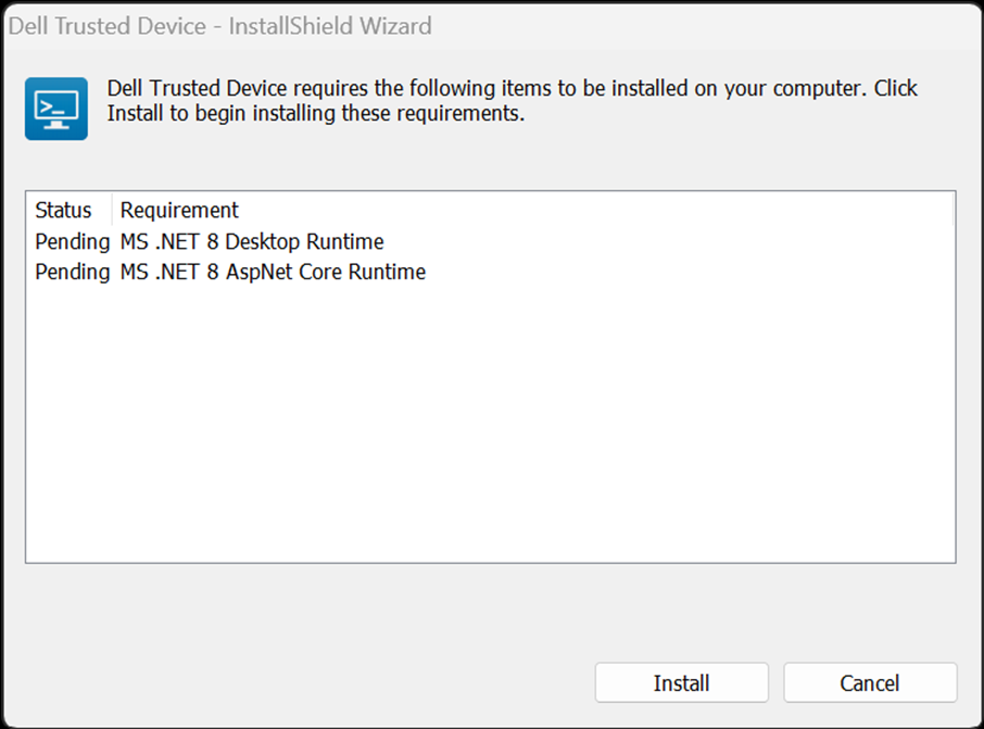 Prerequisites and Install button