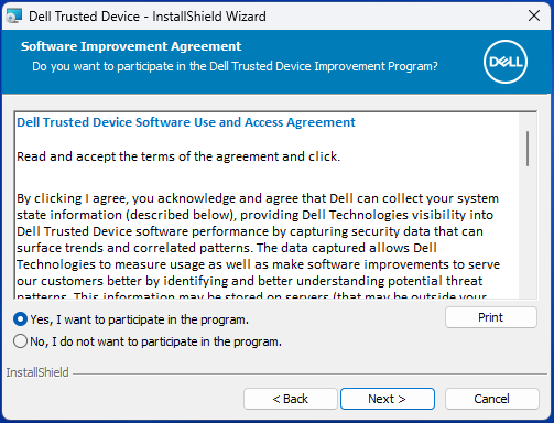 Dell Trusted Device Software Use and Access Agreement and Next button