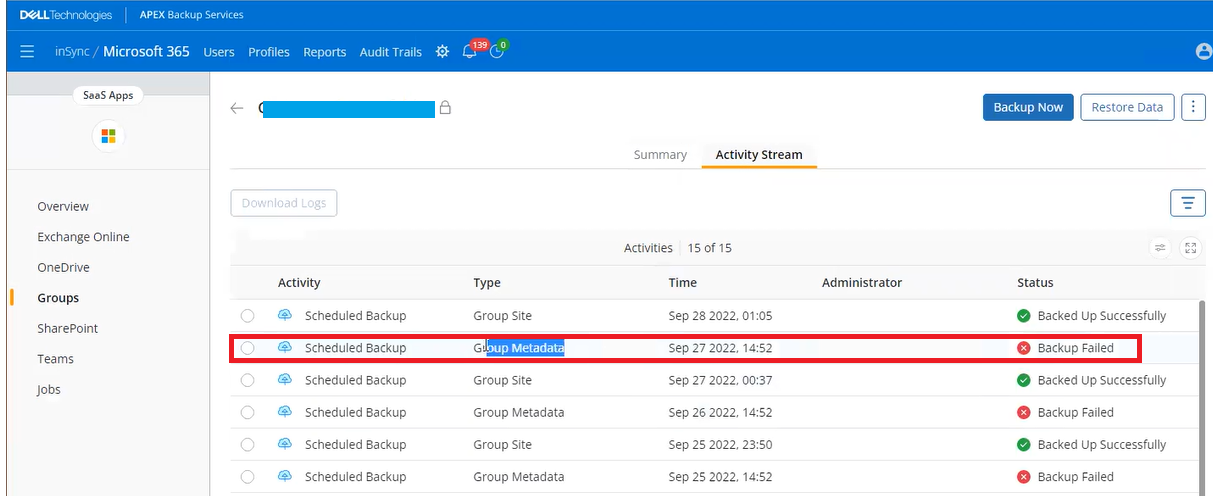 M365 backup status in UI