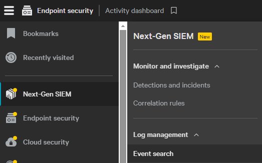 Clicking Next-Gen SIEM and then Event search from the left menu pane