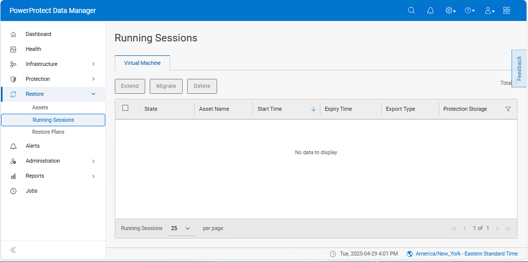 screenshot of PPDM running sessions window