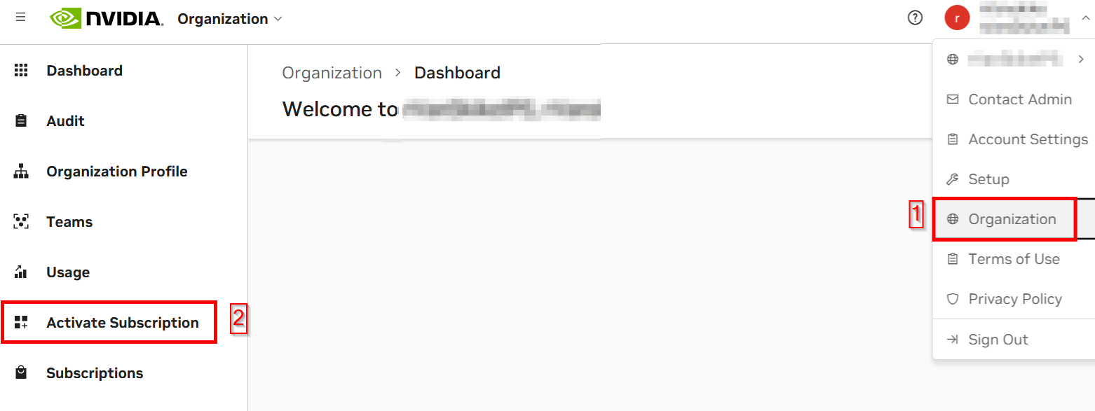 NVIDIA Organisation og aktivering af abonnement