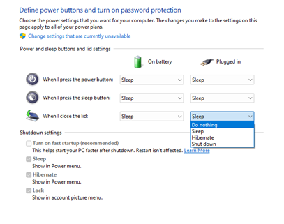 При закрытии крышки установлено значение Ничего не делать