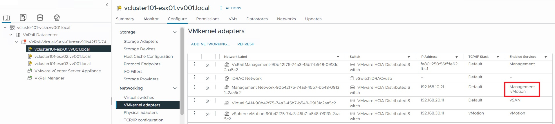 Snímek obrazovky s povoleným vMotion v síti pro správu. 