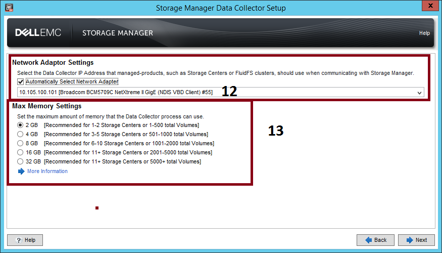 Storage Manager Data Collector Setup -näyttö – verkko- ja muistiasetukset