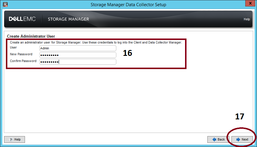 Schermata di configurazione di Storage Manager Data Collector: creazione delle credenziali utente amministratore